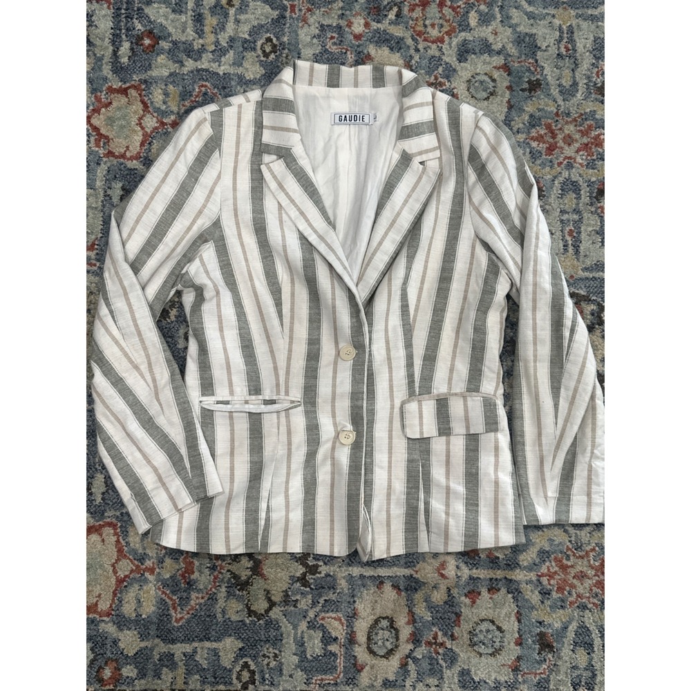 Gaudie‎ Striped Blazer Women Large White Grey Tan Coastal Interview Two Button